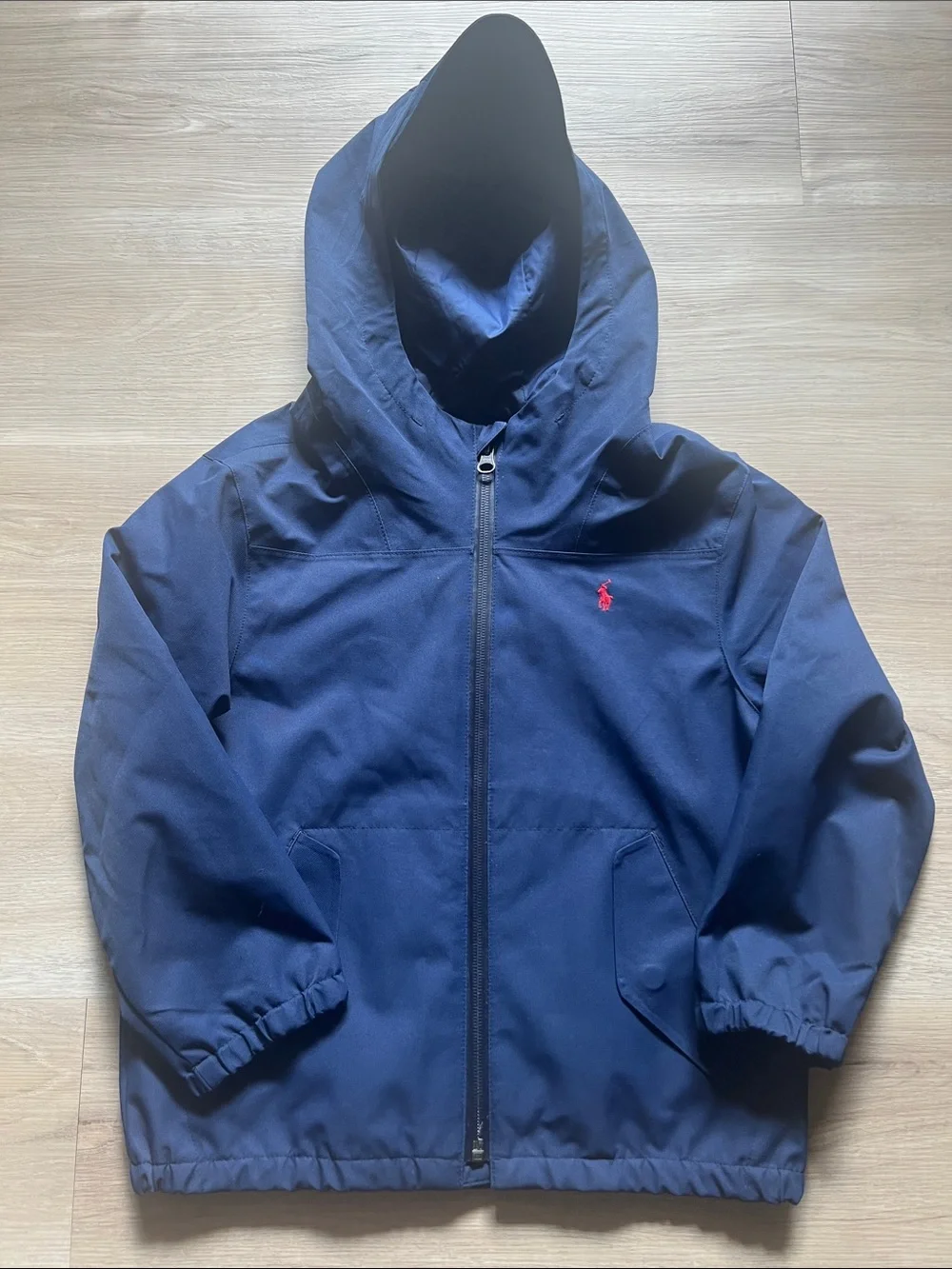 Polo by Ralph Lauren Navy Hooded Kids Rain Jacket with Red Polo Pony, size 6.